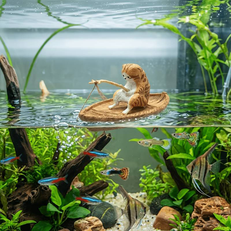 Aquarium Marina - Yaratıcı Kedi Balıkçı Teknesi Akvaryum Süsü